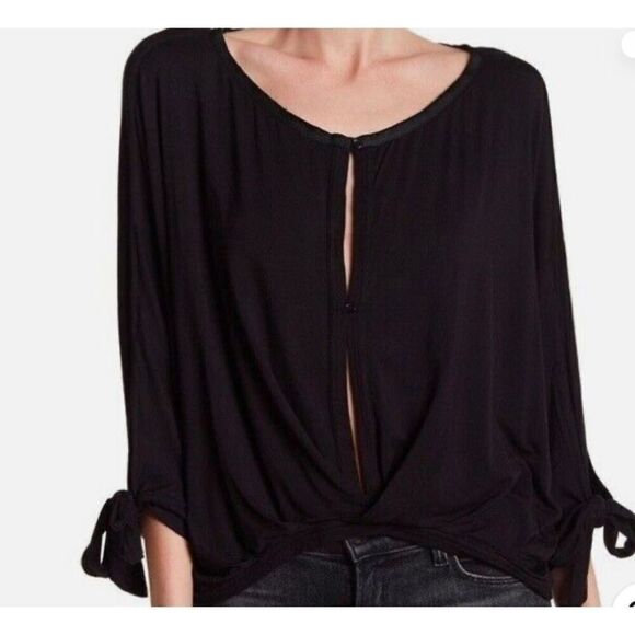 Free People Keepin’ On Top Black Tie 3/4 Sleeve Rayon Spandex Blend - Picture 1 of 13